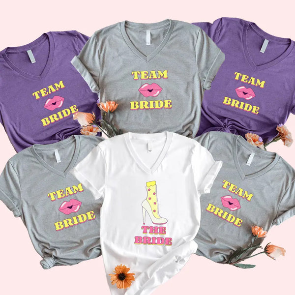 ๐พ Team Bride & The Bride ๐ Bachelorette Party Matching V-Neck T-Shirts