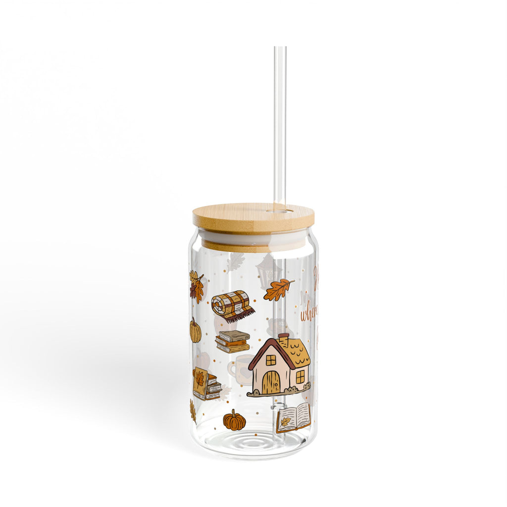 Autumn-Themed Sipper Glass, Cozy Drinkware for Fall Gatherings, Home Decor, Gifts, and Seasonal Celebrations