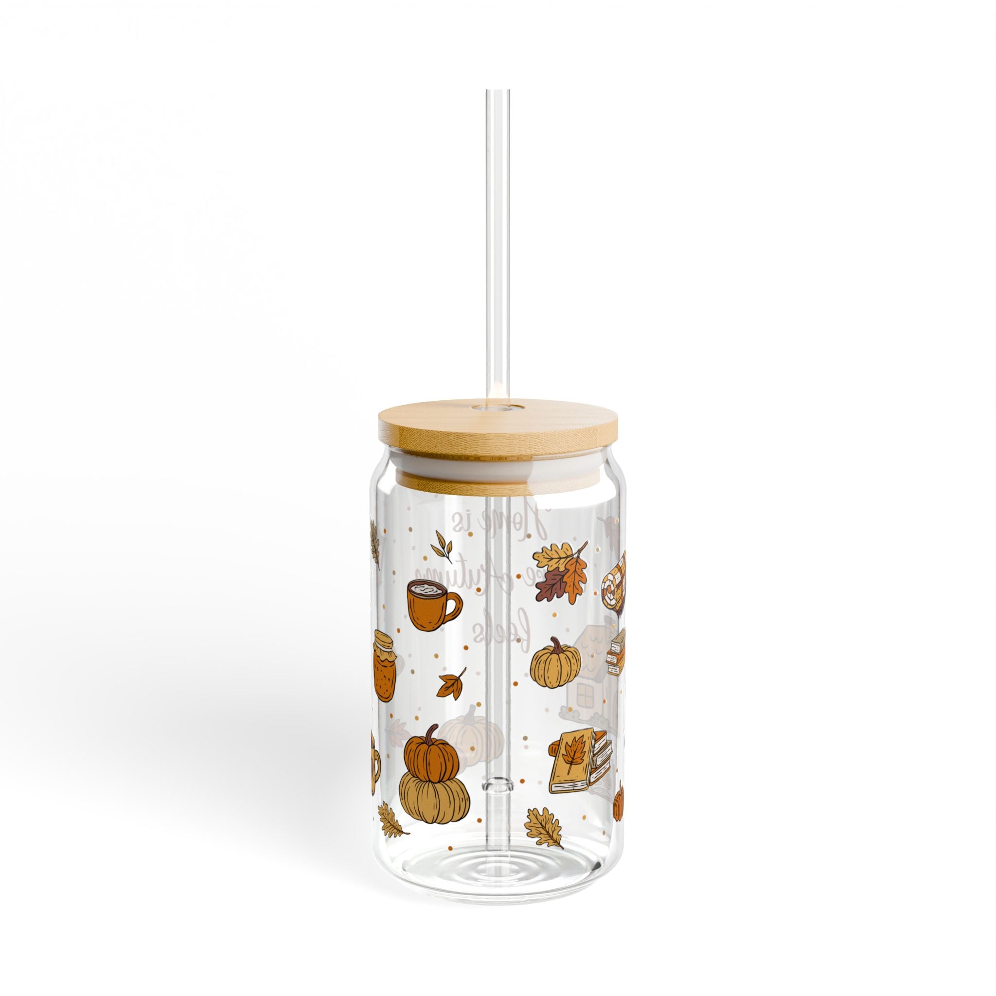 Autumn-Themed Sipper Glass, Cozy Drinkware for Fall Gatherings, Home Decor, Gifts, and Seasonal Celebrations