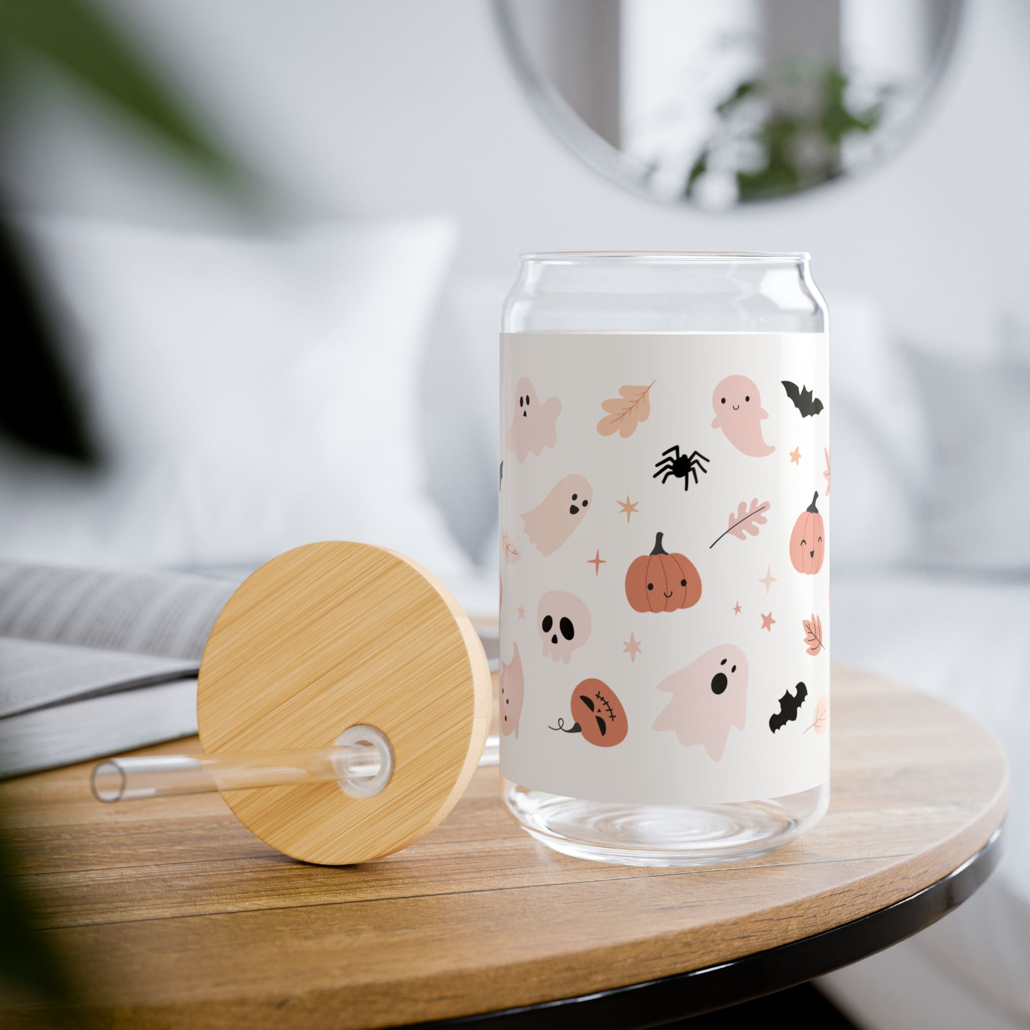 Halloween-themed Sipper Glass, 16oz | Ghost Decorated Drinkware, Cute Cup for Fall Parties, Boo-tiful Gift for Kids & Adults