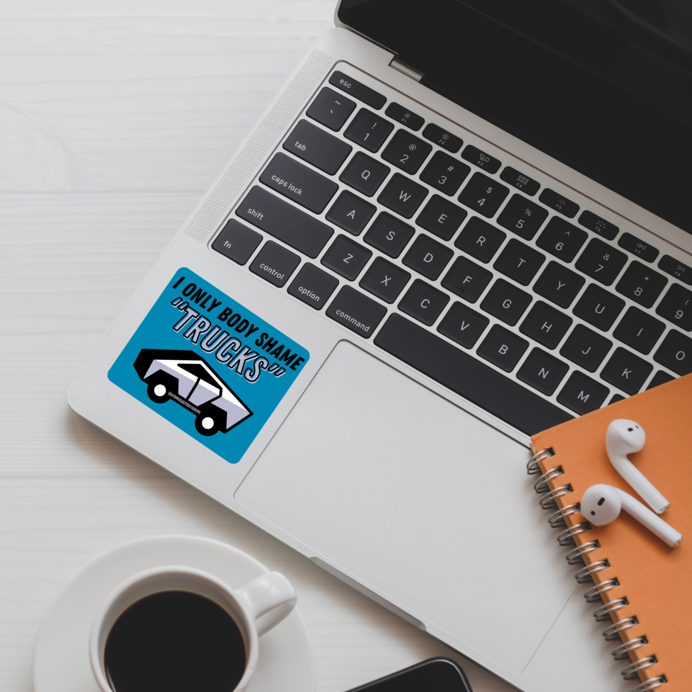 I Only Body Shame “Trucks” Sticker | Cybertruck Parody Vinyl Decal | Funny Anti-Elon Sticker | Water-Resistant | 3" x 3"