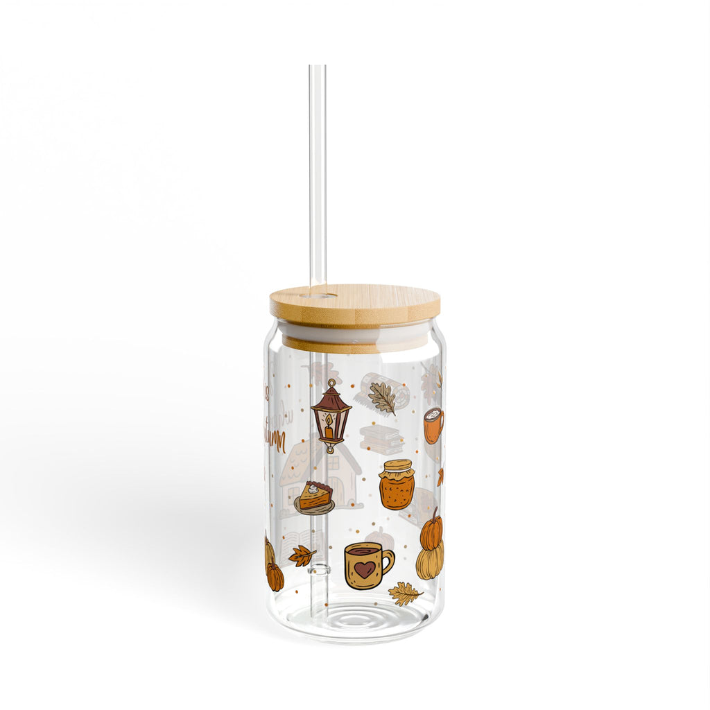Autumn-Themed Sipper Glass, Cozy Drinkware for Fall Gatherings, Home Decor, Gifts, and Seasonal Celebrations