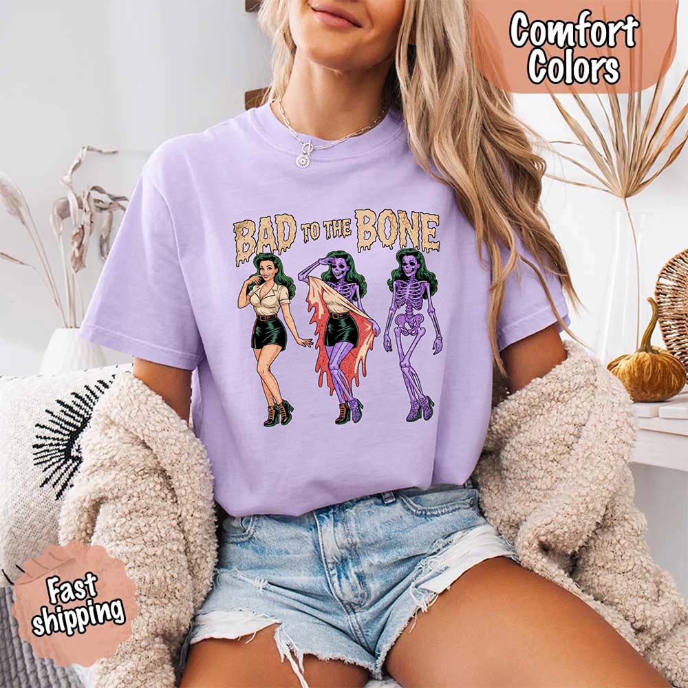 Bad To The Bone Comfort Colors Vintage Shirt - Skeleton Halloween Girl T-shirt