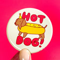 Dachshund Fridge Magnet or Pinback Button "Hot Dog!"