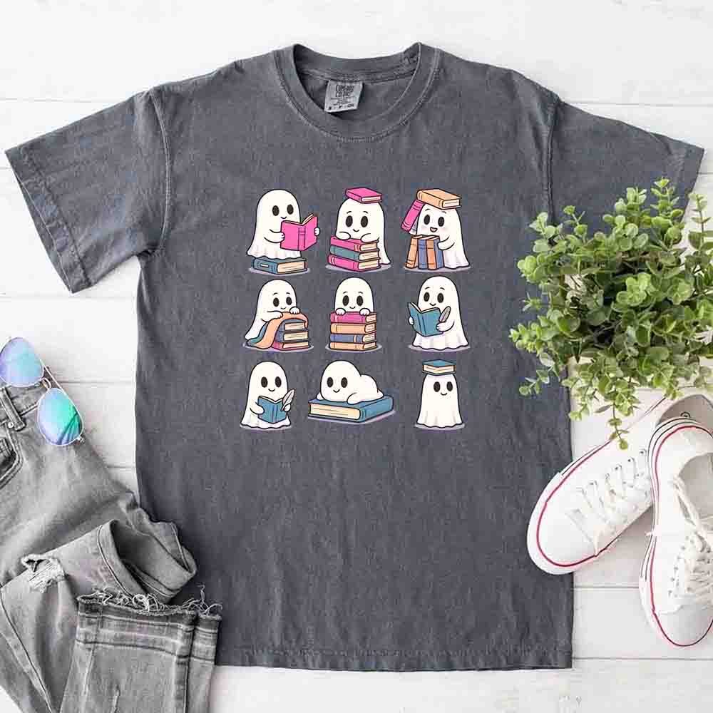 Ghost Reading Comfort Colors Shirt – Spooky Book Lover Halloween Tee