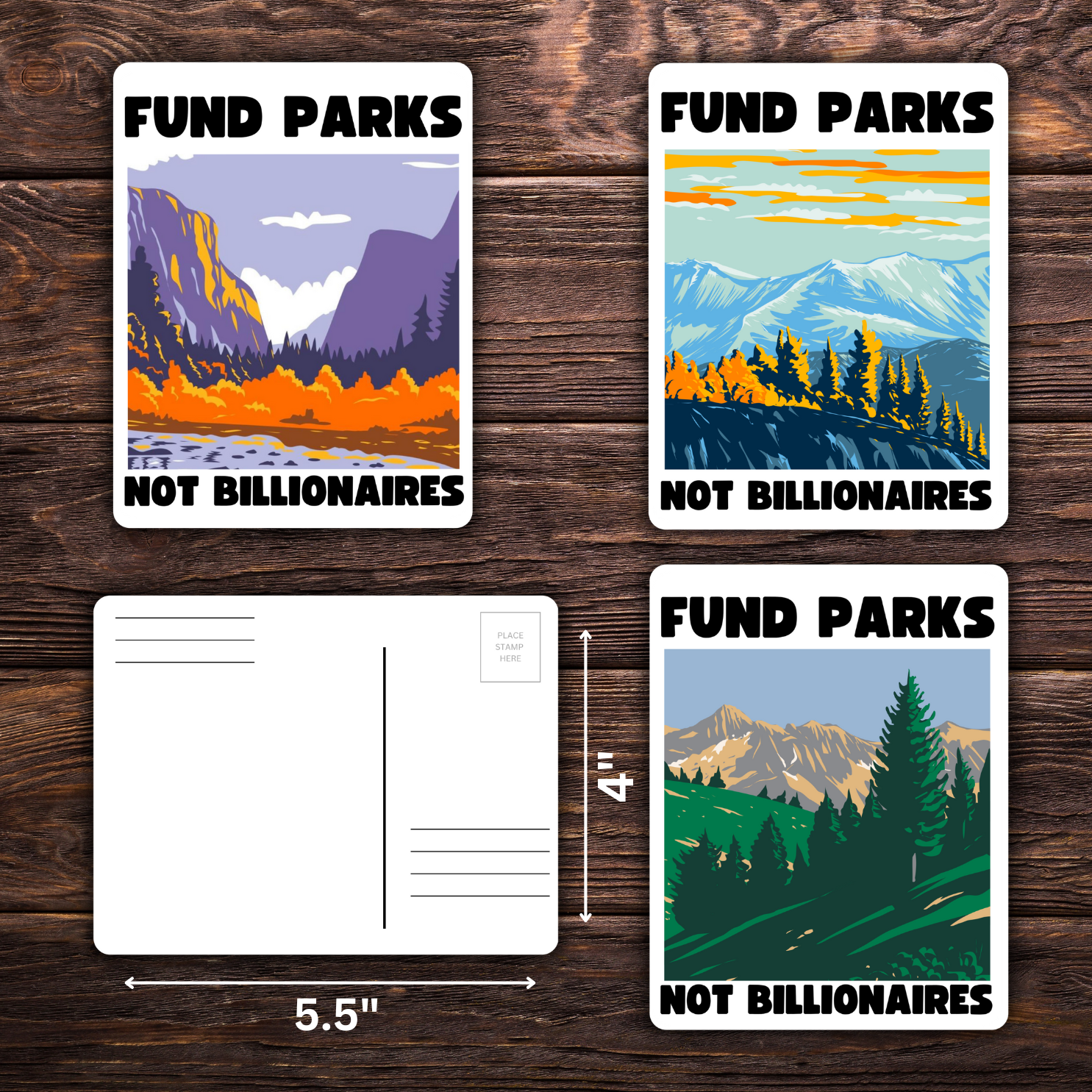 Fund Parks Not Billionaires Bundle | Sticker & Postcard Set | Anti-Capitalist Nature Art | National Parks Advocacy | Political Stationery