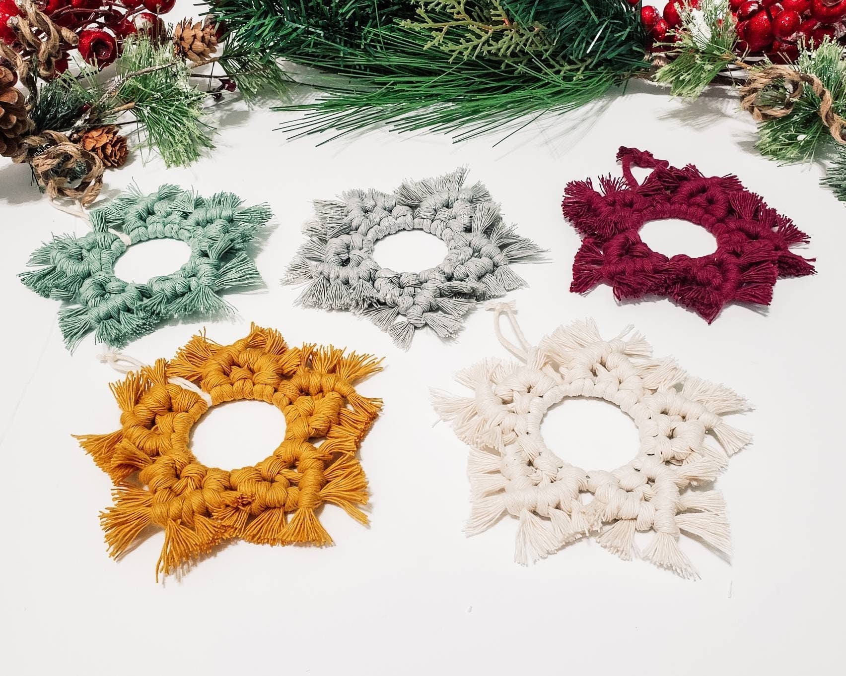 Macrame christmas ornaments, personalized holiday decor, rustic ornaments, boho Christmas, white ornaments, Christmas gifts for mom