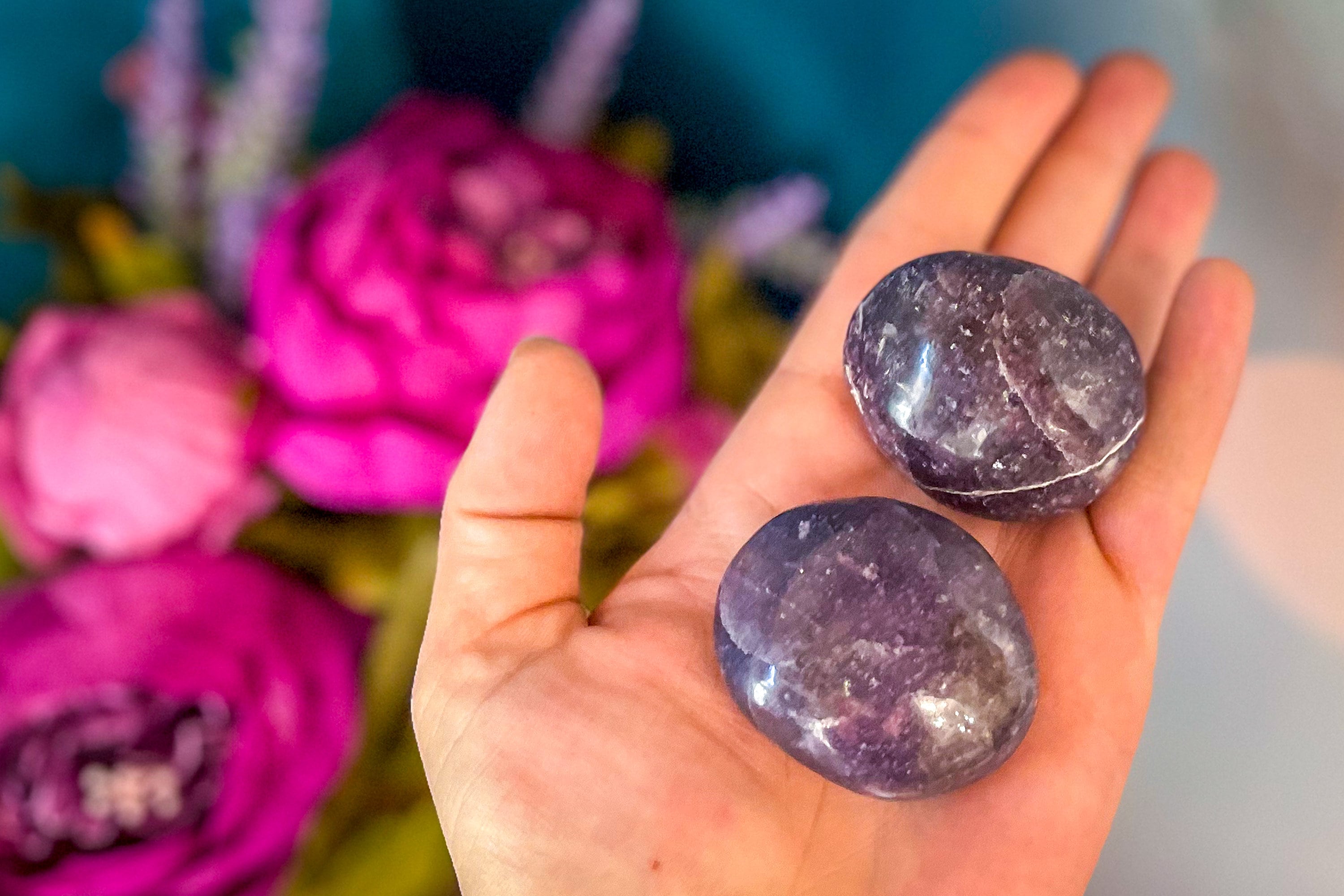 Lepidolite palm stone for TRANQUILITY