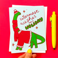 Cozy Brontosaurus Christmas Card "Warmest Wishes"