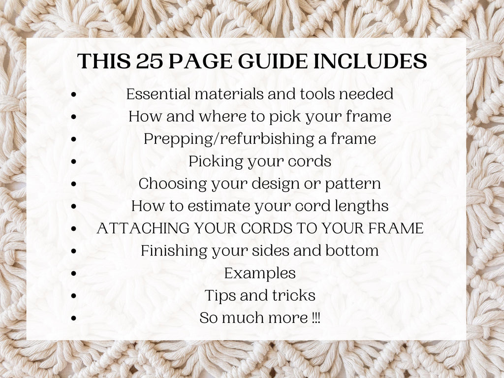 Mastering framed macrame guide. 25 page PDF how to guide for artists. Macrame patterns and tutorials. From small to extra large.