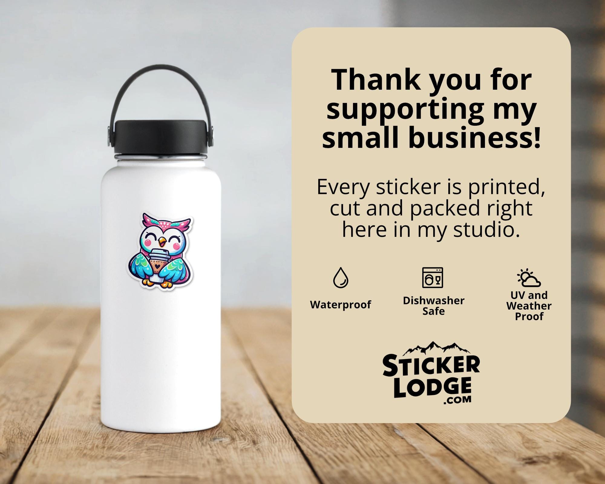 Kawaii Owl with Coffee Vinyl Sticker
