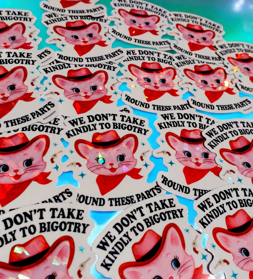 We Don’t Take Kindly to Bigotry – Cowboy Cat Vinyl Sticker